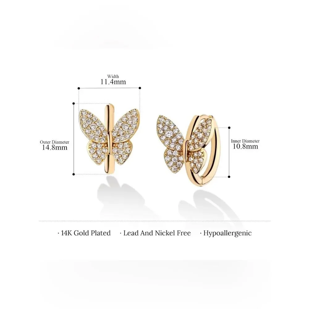 NEW 14k Gold Plated Small Butterfly Cubic Zirconia Huggie Earrings